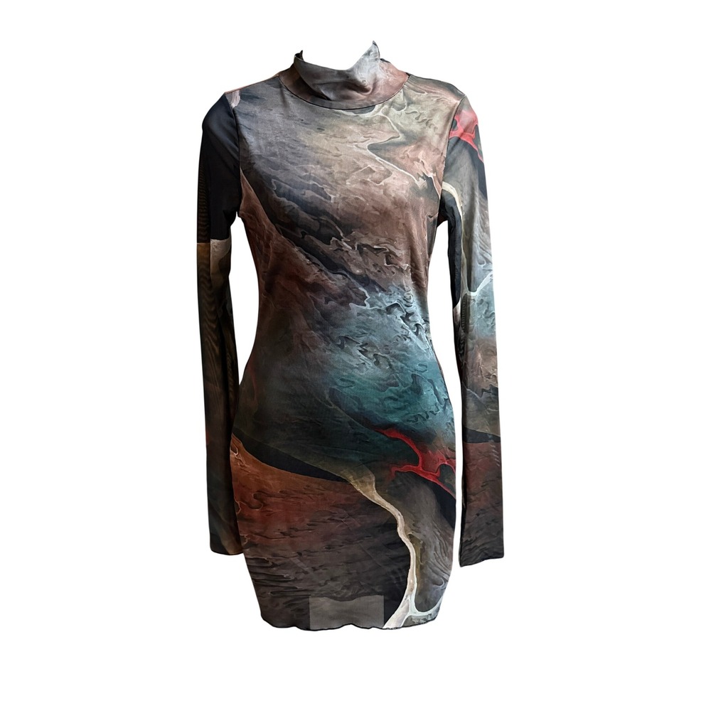 Blanc Clothing Abstract Marble Mesh Mock Neck Mini Dress Medium Earthy Indie
